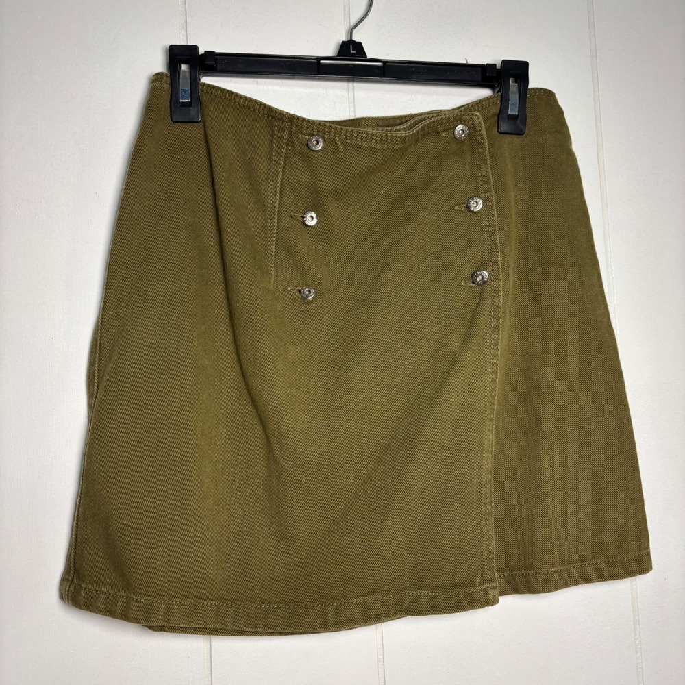 Dooney & Bourke Vintage 90s Olive Green Cotton Twill Wrap Mini Skirt 42 (10)